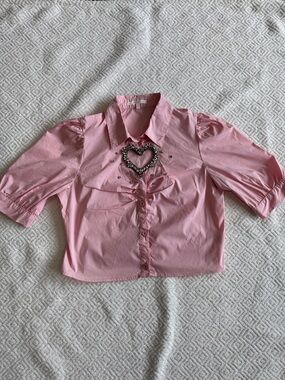 Pastels Pink Heart-Embellished Button Down Shirt Kids Sz L